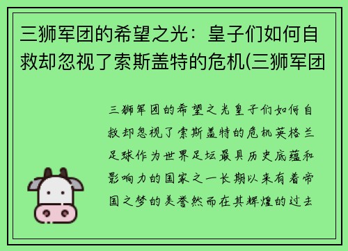 三狮军团的希望之光：皇子们如何自救却忽视了索斯盖特的危机(三狮军团是谁)