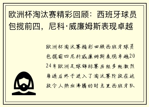 欧洲杯淘汰赛精彩回顾：西班牙球员包揽前四，尼科·威廉姆斯表现卓越